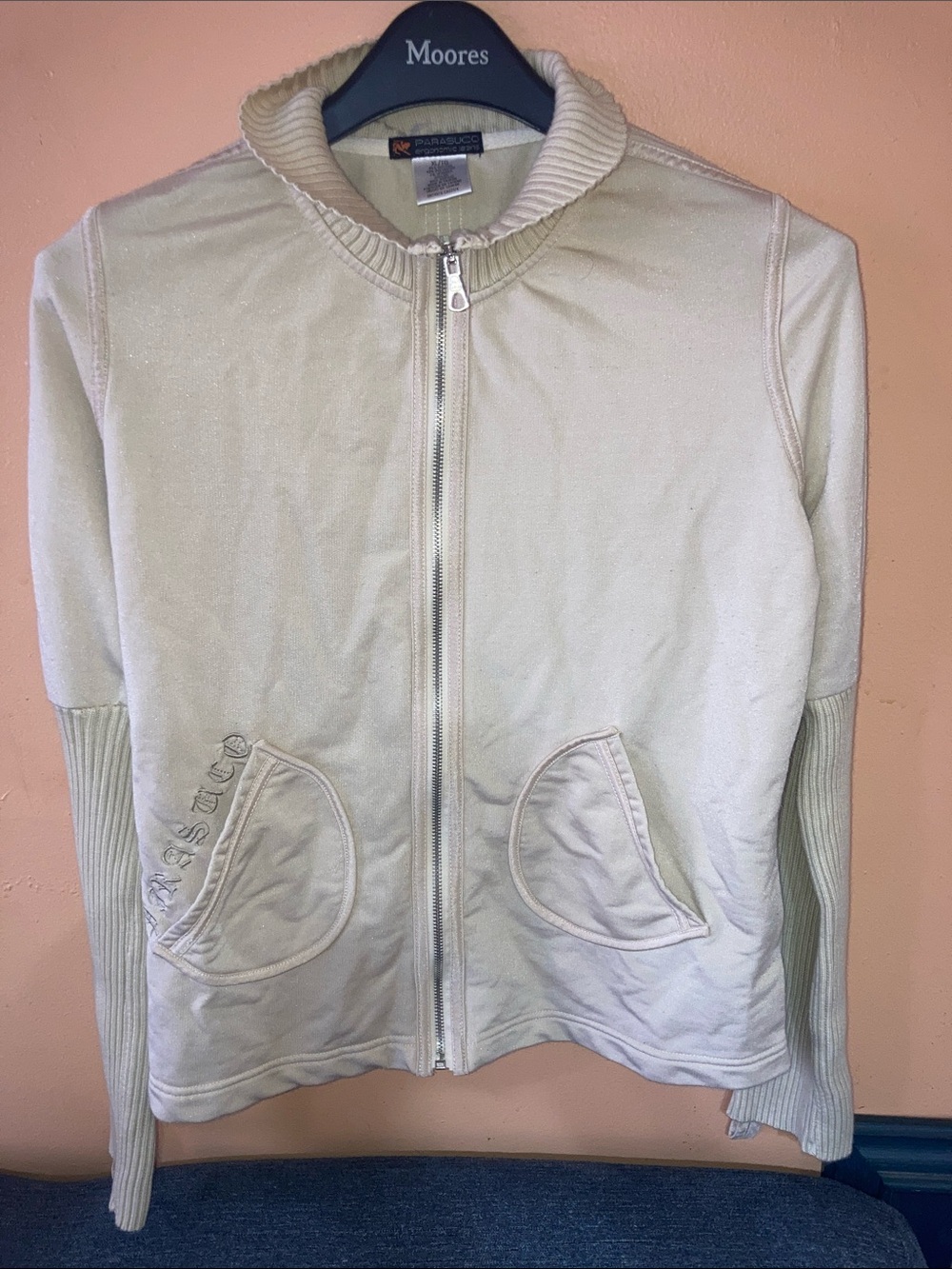 Y2K Parasuco Cream Rib-Trim Zip Bomber Jacket